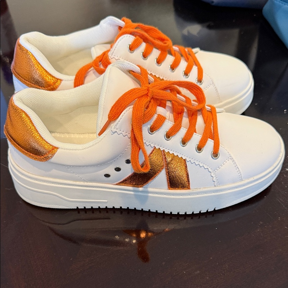 Corkys White Sneakers with Orange Metallic Accents and Orange Laces